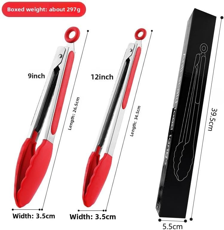 Silicone Kitchen Tongs for Cooking - 9+12 Inch Heat-Resistant Stainless Steel Cooking Tongs with Non-Slip Handle, Non-Scratch Tips for, BBQ, Salad & Air Fryer - 2-PieceRedSet