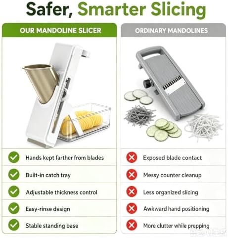 Safe Mandoline Slicer for Kitchen, Vegetable Slicer with Container, French Fry Cutter, All in 1 Julienne Slicer for Potato, Thickness Adjustable, Detachable Blade (White Light Gray)