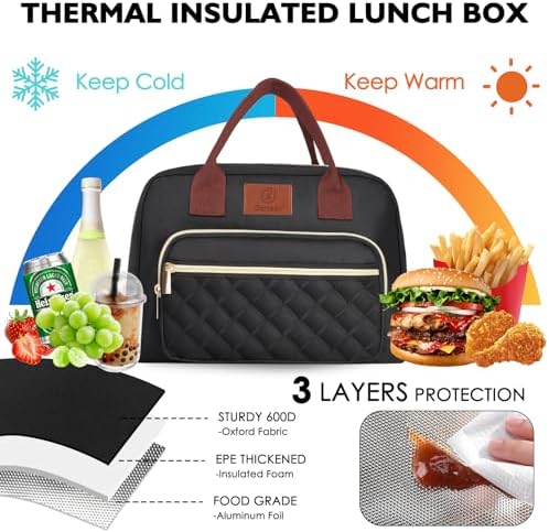 Genteen Lunch Box for Women Men,Insulated Adult LunchBox for Women,Reusable Cute Lunch Bags for Work,High Capacity Cooler Bag Tote for Work Teens Girls Office Travel Picnic School-Black
