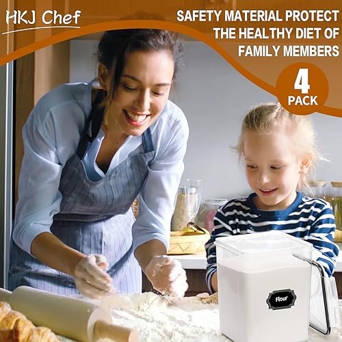 HKJ Chef 4 Pack Large Airtight Food Storage Containers with Lids (5.2L / 176oz), BPA Free Plastic Kitchen and Pantry Organization Contianers for Cereal Flour and Sugar Storage, Labels & Marker