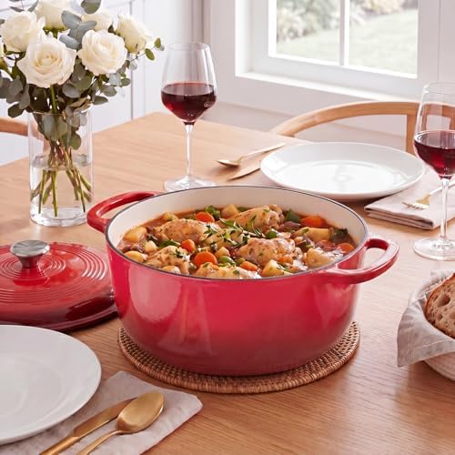 NEWBULIG Cast Iron Dutch Oven, 6 Quart Enamel Dutch Oven Pot with Lid, Heavy Duty Cookware for Sourdough Bread, Braising, Stews, Roasting, Safe up to 500°F, Red