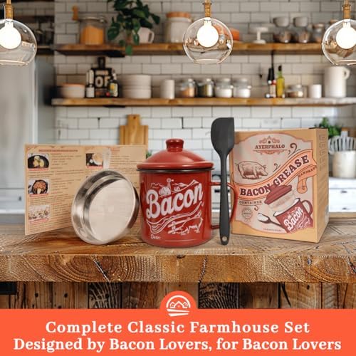 Ayerphalo 42oz Enamel Bacon Grease Container with Strainer, Farmhouse Red