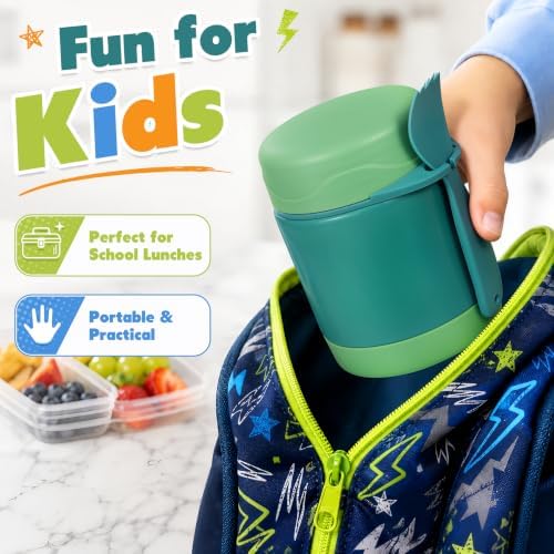 10oz Soup Thermo for Hot Food Kids,Lunch Thermo Kids Food Jar with Spoon Hot Insulated Food Containers,Leak Proof Stainless Steel Wide Mouth Lunch Thermo Jar for School(Green)