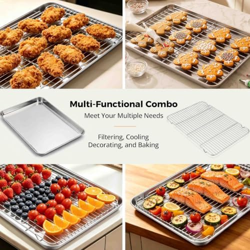 Onader Large Baking Cookie Sheet with Cooling Rack Set, Stainless Steel Baking Sheet Pan, 19⅝ x 13¾ Inch Metal Oven Baking Tray, Nonstick & 1 Inch Deep, 2-Pack (Includes 2 Pans + 2 Racks)