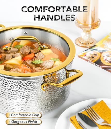 Michelangelo Triply Stainless Steel Stock Pot with Lid, Luxury Hammered Stainless Steel 6 Quart Pot with Lid & Golden Handle, Premium Induction Stockpot - 6QT