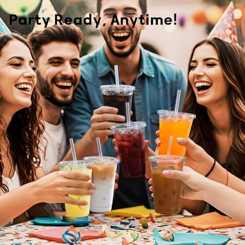AOZITA 100 Pack - 12 oz Clear Plastic Cups with Lids and Straws, Food Safe Disposable Iced Coffee Cups for Cold Beverages, Smoothies, Iced Coffee, Leak-Proof, BPA-Free