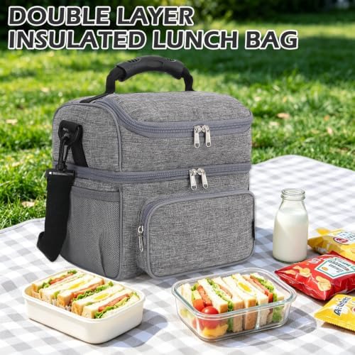 FlowFly Double Layer Cooler Insulated Lunch Bag Adult Lunch Box Large Tote Bag for Men, Women, With Adjustable Strap,Front Pocket and Dual Large Mesh Side Pockets