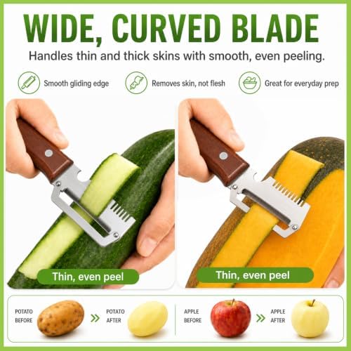 3-in-1 Vegetable Peeler with Scallion Shredder & Bottle Opener, Professional Stainless Steel Potato Peeler with Ergonomic Wood Handle, Rust-Resistant & Heavy Duty Kitchen Tool (2)