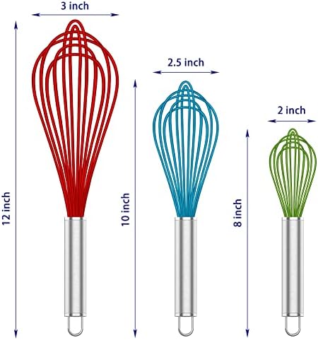 OYV Silicone Whisk Set of 3, 8/10/12 Inch, Non-Scratch, Red/Blue/Green
