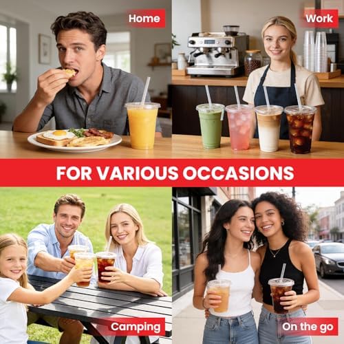 100 Pack 24 oz Plastic Cups with Lids and Straws, Clear Disposable Plastic Cups, Heavy Duty Iced Coffee Cups with Leak-Resistant Lids, Cold Drink Cups for Smoothies, Juice, Soda & Party To Go