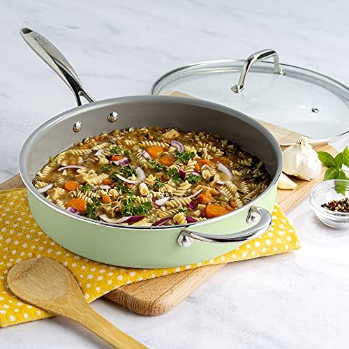 Goodful Ceramic Nonstick Deep Saute Pan with Lid, Dishwasher Safe Pots and Pans, Comfort Grip Stainless Steel Handle, Skillet Frying Pan Made without PFOA, 4-Quart, Green