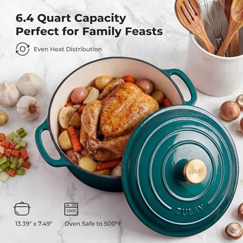 Zulay Kitchen 6.4 Quart Enameled Cast Iron Dutch Oven Pot with Lid, Emerald