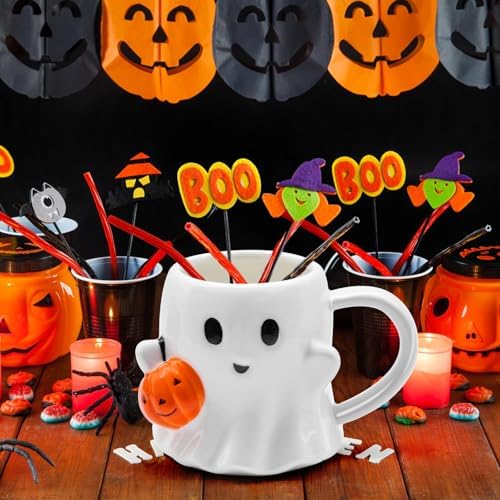 20 oz Halloween Ghost Mug Decorations, Ceramic Cute Ghost Coffee Cup with Pumpkin, Large Halloween Drinkware Gifts for Adults Kids
