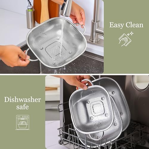 E-far 6QT Square Stainless Steel Colander, Metal Strainer with Handle