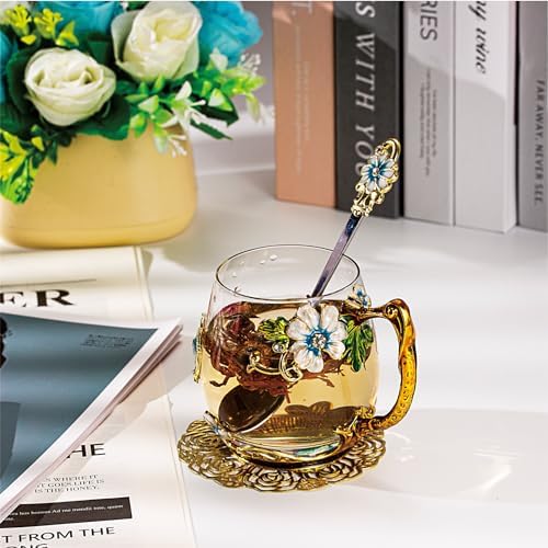 Flower Tea Cup ,Butterfly Daisy Clear Glass Fancy Coffee Mug with Spoon,Gift Box, Hot And Cold Drinks Use,For Her Mom Wife Grandma Girls Friends Valentines Christmas Birthday Present Idea for Juice