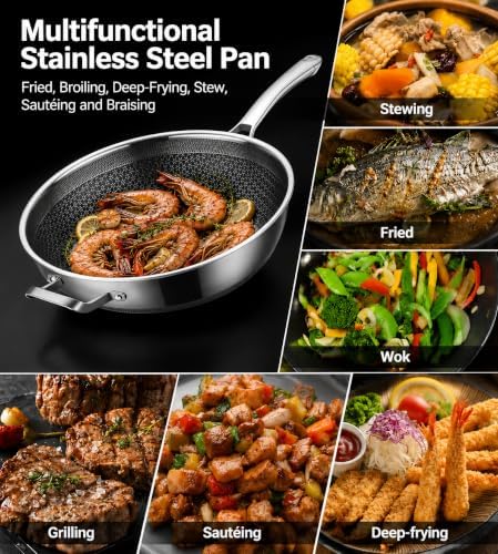 Toutrop Wok Pan,Hybrid Nonstick 14 Inch Wok with Lid,Induction Non Stick Stainless Steel Large Deep Woks&Stir-Fry Pans,Stay-Cool Handle Skillets,PFOA Free Cookware