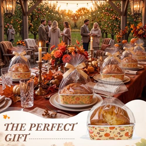 24 Sets Fall Paper Loaf Pan 6.3 x 2.2 x 2.2 Inch Disposable Mini Cake Pan with Clear Plastic Bags and Ties Rectangular Baking Mold for Thanksgiving Autumn Bread Brownies