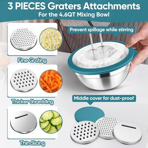 Herogo 5-Piece Mixing Bowls with Airtight Clear Lids, 3 Grater Attachments, Stainless Steel Large Bowls of 5 for Kitchen, Size 4.6, 3.5, 2.5, 2, 1.5QT Ideal for Mixing and Serving, Blue