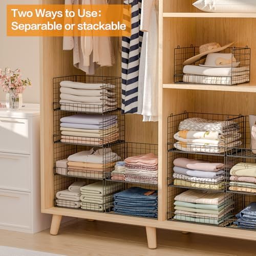Yociyoga 6-Tier Stackable Closet Organizers and Storage Shelves, Closet Shelf Organizer Basket Bins, Foldable Sweater Storage for Clothes Organizer System, Black(Patent No. 30022416)