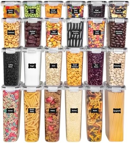 Freshware Kitchen Storage Containers with Lids, 48 PCS Airtight Food Storage Containers, Plastic Kitchen Containers, Pantry Containers for Cereal, Dry Food, Includes Labels, Marker & Measuring Spoons