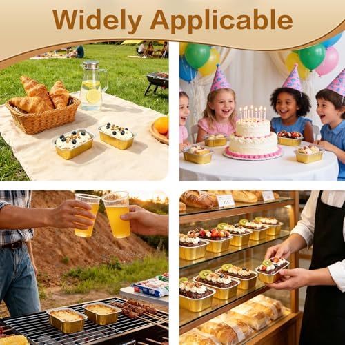 Mini Cake Pans With Lids And Spoons,5.5 oz Rectangle Mini individual Loaf Pans Disposable Aluminum Foil Small Baking Cups Tins (100, Gold)