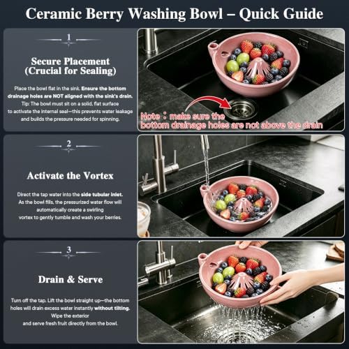 Ceramic Berry Washing Bowl with Auto-Spin Swirl Drainage