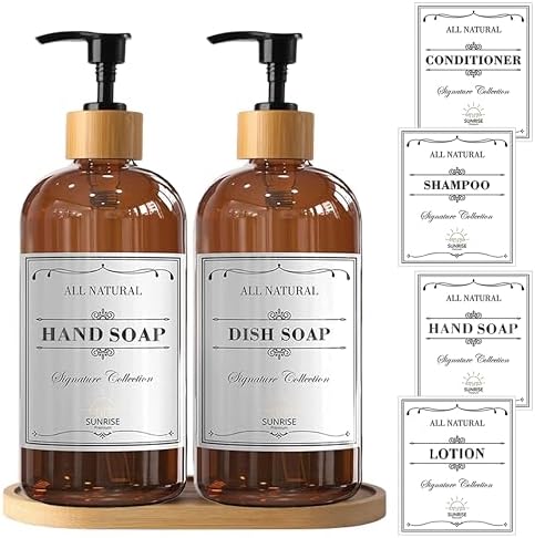 Sunrise Premium Amber Glass Soap Dispenser, Bamboo Pump with Tray, 2 Pack