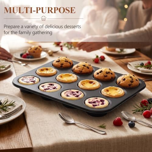 E-far 12-Cup Muffin Pan, 2 Pack Nonstick Carbon Steel Cupcake Pan Tin Tray