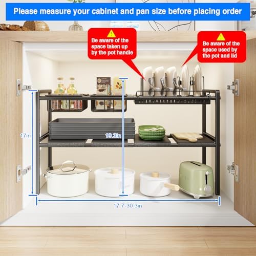 Mustorn Pots and Pans Organizer Under Cabinet, Expandable 2 Tier Under Sink Organizers Storage Adjustable Height Kitchen Pot and Pan Lid Holder Rack with 6 Dividers(4panels,2baskets,1 Pot rack,Black)