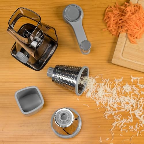 Badelite Cheese Grater Hand Crank Rotating Cheese Shredder Stainless Steel Vegetable Slicer Grater for Kitchen 3 Blades for Cheese, Carrot, Cucumber, Nuts, Chocolate, Dark Grey