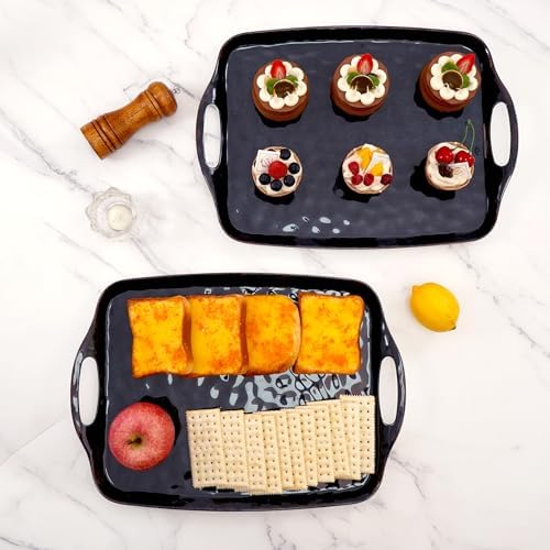 TP Melamine Serving Trays with Handles, 17” x 12”, Set of 2, Retro Black