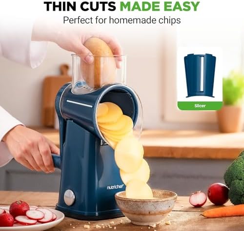 NutriChef 5 in 1 Cheese Grater & Shredder | 5 Different Blades for Thin, Thick, Julienne Strips, Wavy, & Straight Strips | Includes Hand Crank, Strong Suction Base & Storage Container | Blue