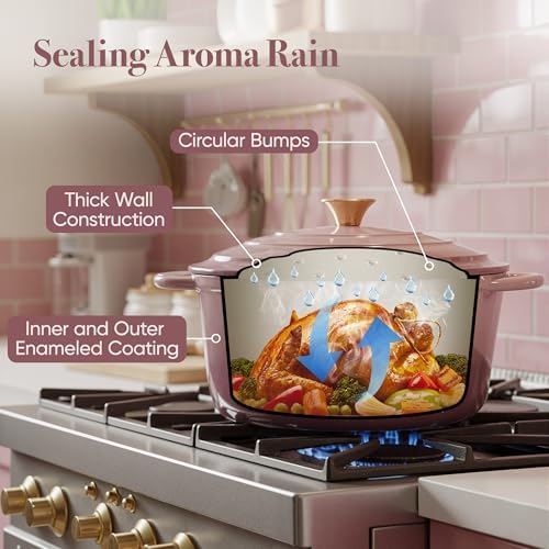 Vintage Style 6 Quart Dutch Oven Pot with Lid, Non Stick Enameled Cast Iron Dutch Oven for Bread Baking, Heavy-Duty, Oven Safe Ceramic Cookware Up to 500°F for Baking, Braising, Stews, Roasting, Pink