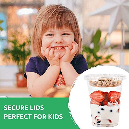 Aatriet 12 oz Clear Plastic Parfait Cups with Insert & Flat Lids No Hole - (50 Sets) Yogurt Fruit Parfait Cups for Kids, for Dips and Veggies, Take Away Breakfast and Snacks. No Leaking