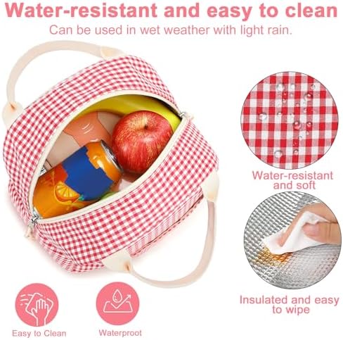 Bluboon Lunch Box for Women Cute Lunch Bag Reusable Insulated Lunch Bags Large Capacity Lunchbox Cooler for Work Picnic or Travel Gifts (Red White grid, 10 x 7.5 x 8 inches)