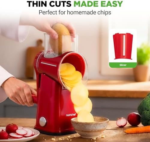 NutriChef 5 in 1 Cheese Grater & Shredder | 5 Different Blades for Thin, Thick, Julienne Strips, Wavy, & Straight Strips | Includes Hand Crank, Strong Suction Base & Storage Container | Red