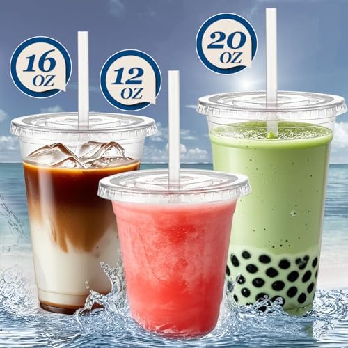Charmount 100 Sets- 20 oz Clear Plastic Cups with Lids and Straws