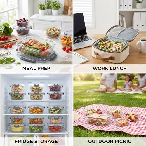 Glass Food Storage Containers with Lids, 12 Piece Glass Meal Prep Containers Set, Airtight Leakproof Snap Lock Lids, BPA-Free, Freezer Microwave Oven Dishwasher Safe, Ribbed Glass Containers