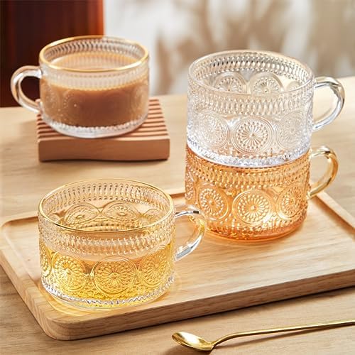 MFACOY Vintage Coffee Mugs Set of 2, 14 oz Glass Tea Cups with Handle, Amber Embossed Glass Cups for Cappuccino, Latte, Cereal, Milk, Hot or Cold Beverages