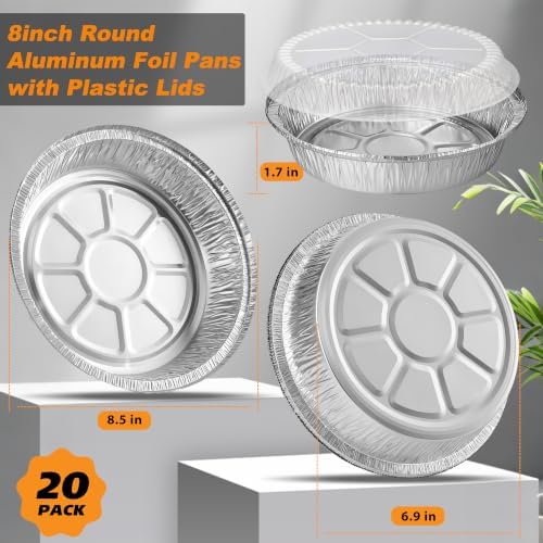 8" Round Aluminum Foil Pans with Clear Lids – 20 Pack Pie Tins Disposable to go Containers with lid for Baking, Storing Leftovers, and Meal Prep, Freezer & Oven Safe Baking Pan