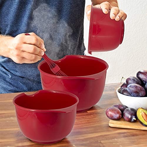 Glad Mixing Bowls with Pour Spout, Set of 3 | Nesting Design Saves Space | Non-Slip, BPA Free, Dishwasher Safe Plastic | Kitchen Cooking and Baking Supplies, Red