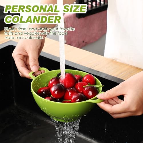 Baderke 4 Pack Mini Colander for Kitchen Plastic Berry Strainer with Double Handles 7.5 x 6 x 3 Inch Small Colander Strainer for Fruits Vegetables Food (Lemon Yellow,Green,Purple,Red)