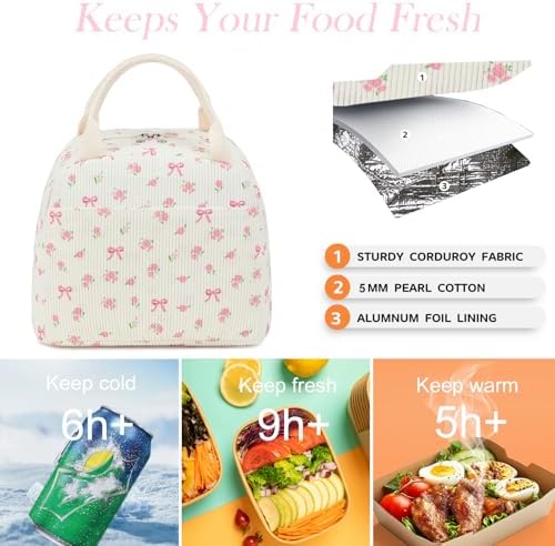 BTOOP Lunch Box for Women Men Cute Corduroy Lunch Bags Large Capacity Insulated Lunch Tote Bag For Work Travel Or Picnic (Pink Bow Floral-1)