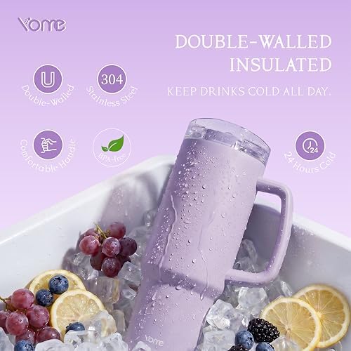YOME DetaClean 40oz Light Purple Tumbler with Handle and Flip Straw for Women | 100% Disassemblable Lid | Stainless Steel Insulated Water Bottle | 100% Leak Proof | Keeps Drinks Cold