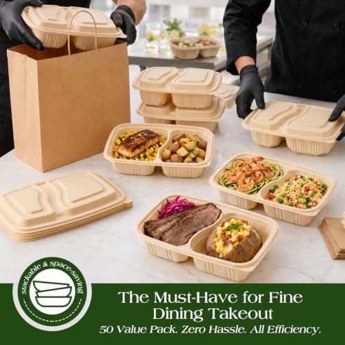 100 Piece (50 Pack) Meal Prep Containers Reusable - 2 Compartment 32 oz Cornstarch Snack Containers with Lids - Plastic Food Storage Salad Containers - To Go Lunch Box - Microwave & Freezer Safe
