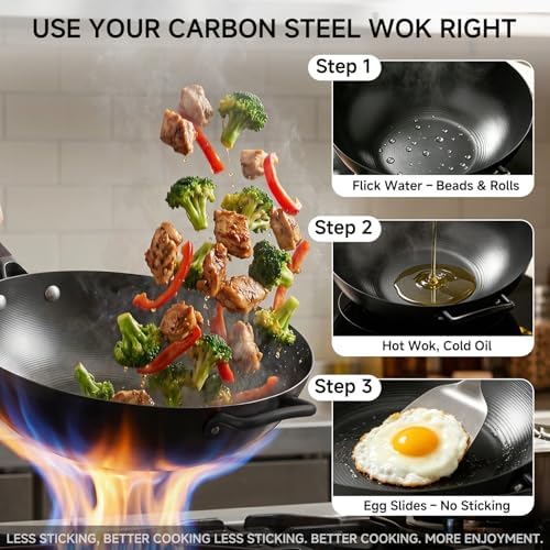13.5" Pre-Seasoned Flat Bottom Carbon Steel Wok with Lid Spatula