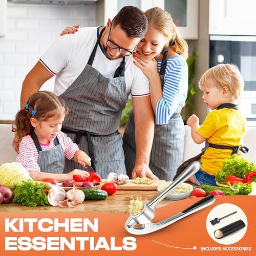 Kitchen Garlic Press, Rust Proof & Dishwasher Safe Garlic Mincer, Durable Garlic Crusher Set with Peeler&Brush, Easy to Clean and Squeeze, Matte