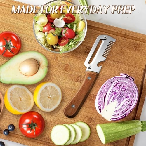 2026 Upgrade Vegetable Peeler With Wooden Handle, Stainless Steel Wide Blade Potato and Carrot Peeler, 3-in-1 Veggie Peeler With Scallion Shredder and Bottle Opener for Kitchen, Camping and Travel