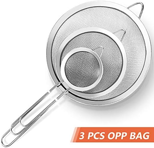 3Pcs Super Wire Extra Fine Mesh Strainer with Handle, Small Medium Large Size Sifter Metal Strainer Set, Stainless Steel Sieve Fine Mesh Strainers for Kitchen Rice Juice Quinoa Food Flour Baking YLYL
