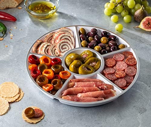 6 Sectional Round Plastic Serving Tray/Platters White With Silver Rim Pack of 8